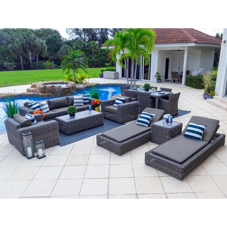 Malmo Combination Furniture for Outdoor – Wicker Patio Furniture Set with Sofa Set, Six-seat Dining Set, and Chaise Lounge Set (14-Piece, Full-Round Gray Wicker, Sunbrella Canvas Charcoal)