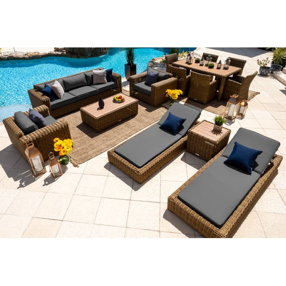 Malmo Combination Furniture for Outdoor – Wicker Patio Furniture Set with Sofa Set, Six-seat Dining Set, and Chaise Lounge Set (14-Piece, Full-Round Natural Wicker, Sunbrella Canvas Charcoal)