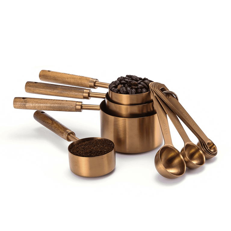 Measuring Cups Spoons Set Wood Handle Stainless Steel Plated