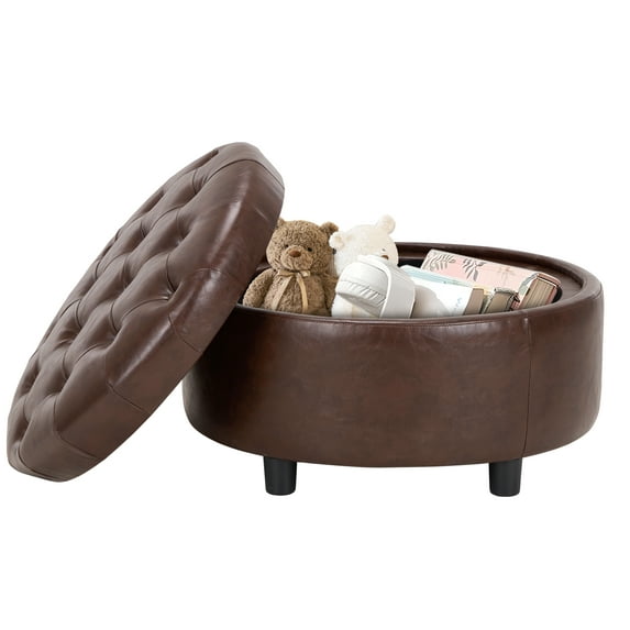 Malol Leather Round Storage Ottoman with Storage and Reversible Tray, Multi-Functional Footrest, Sturdy & Stylish Small Coffee Table, Brown