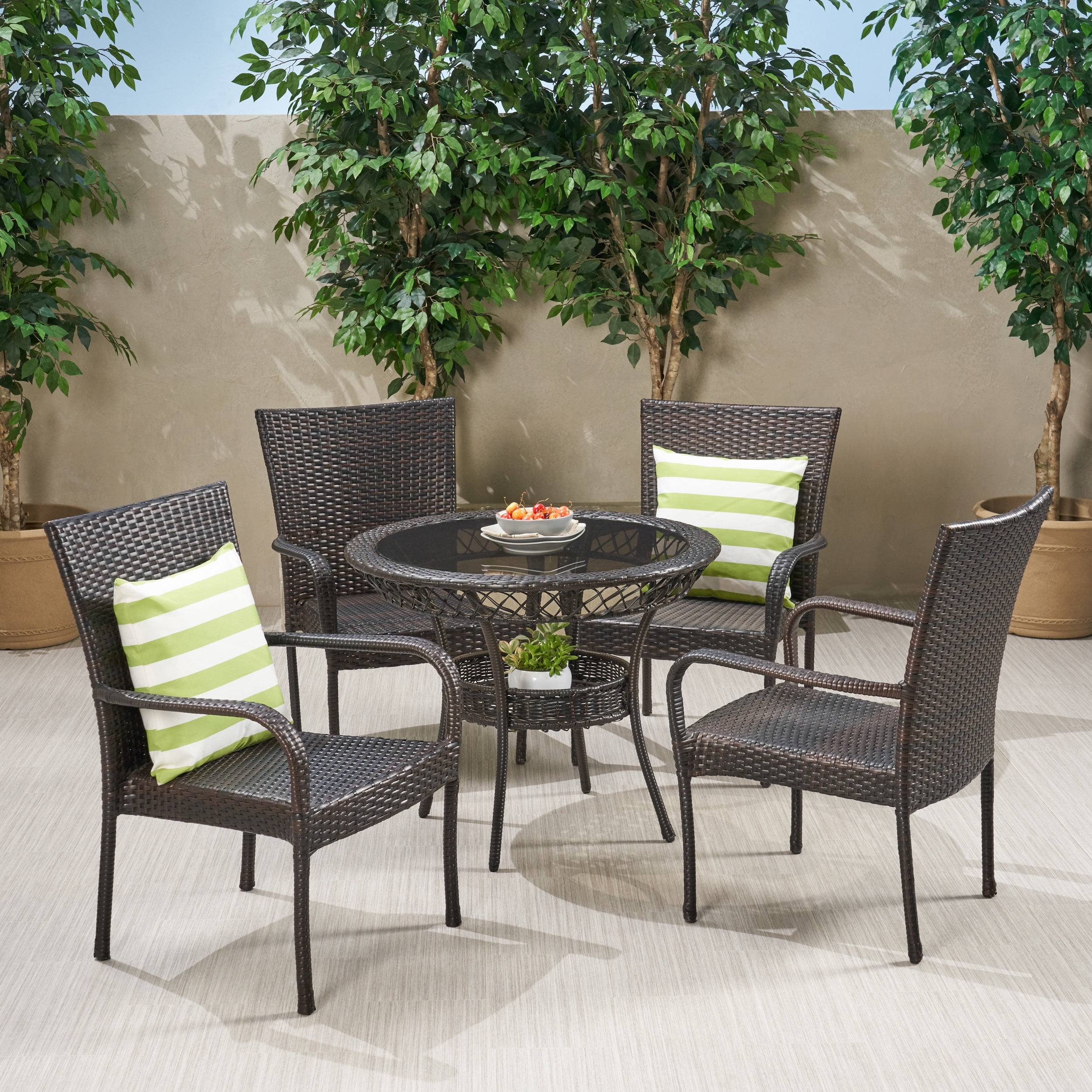 Malone 5 Piece Outdoor Round Glass Top Wicker Dining Set, Multibrown