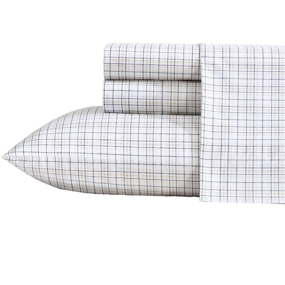 Malor Plaid 4-Piece Sea Wheat/Navy 100% Cotton King Sheet Set