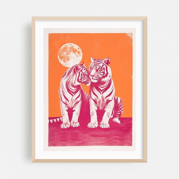 Malou-Studio-Pink-Tigers-in-Love-3x4 - Illustration Tiger Moon Pop Art Wildlife Surrealism Modern Art Animal Oak Framed Wall Art Print 5 x 7 inches