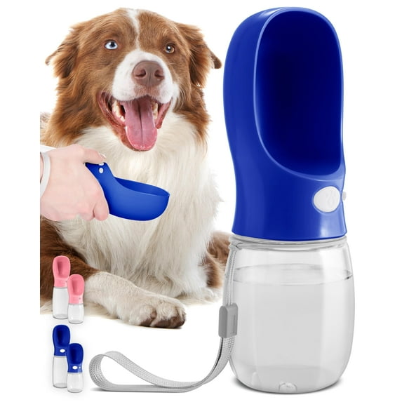 MalsiPree Leakproof 12 oz Navy Blue Plastic Dog Water Bottle with Bowl