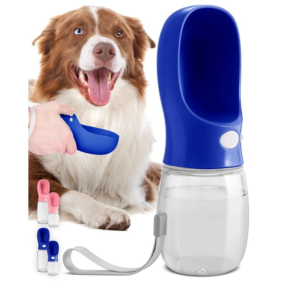 MalsiPree Leakproof 12 oz Navy Blue Plastic Dog Water Bottle with Bowl