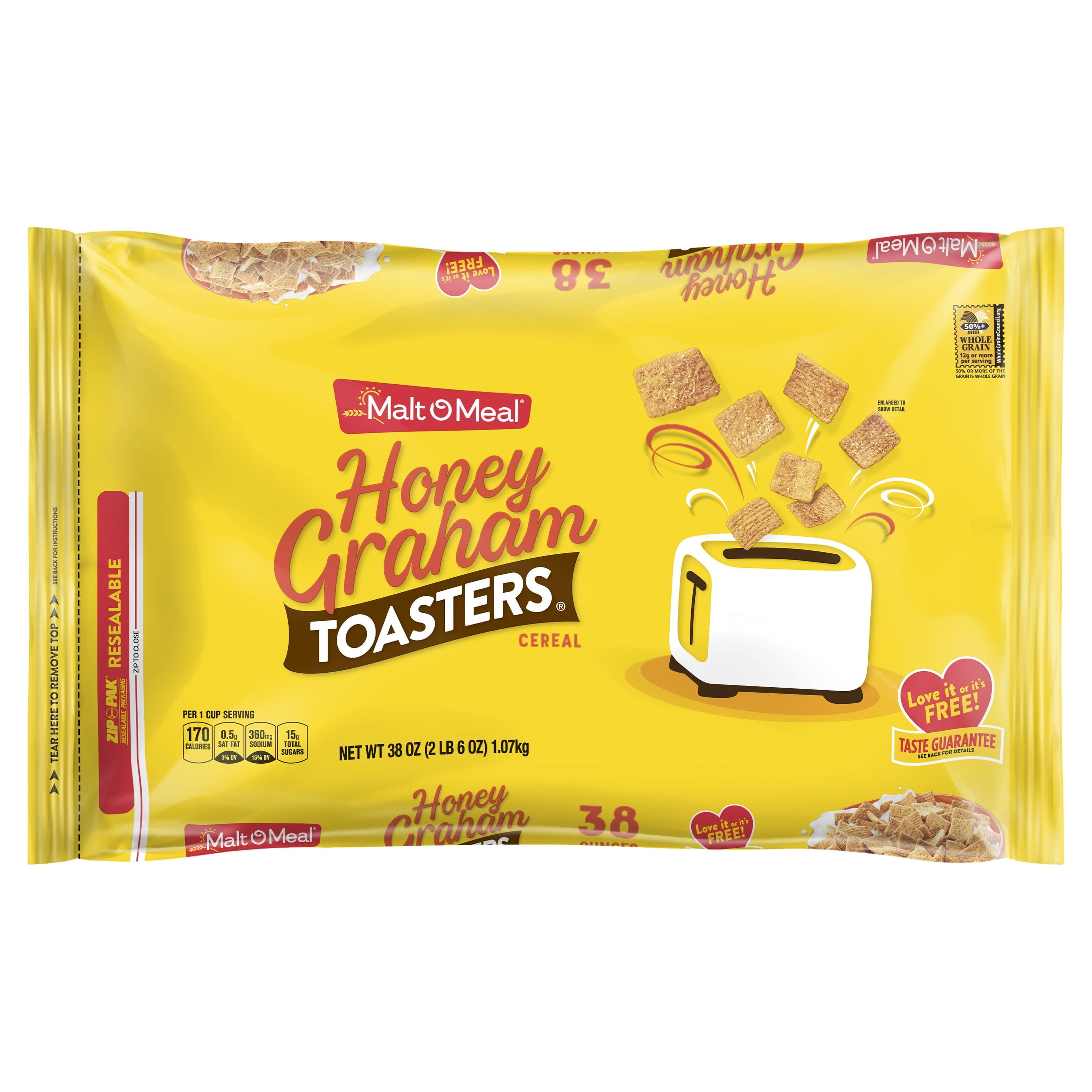 Malt-O-Meal Honey Graham Toasters Breakfast Cereal, Honey Graham Cereal Squares, 38 OZ Resealable Cereal Bag