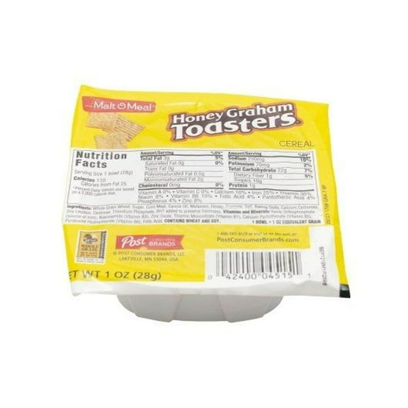 Malt-O-Meal Honey Graham Toasters Cereal, 1 Ounce Bowl Pack -- 96 per Case.