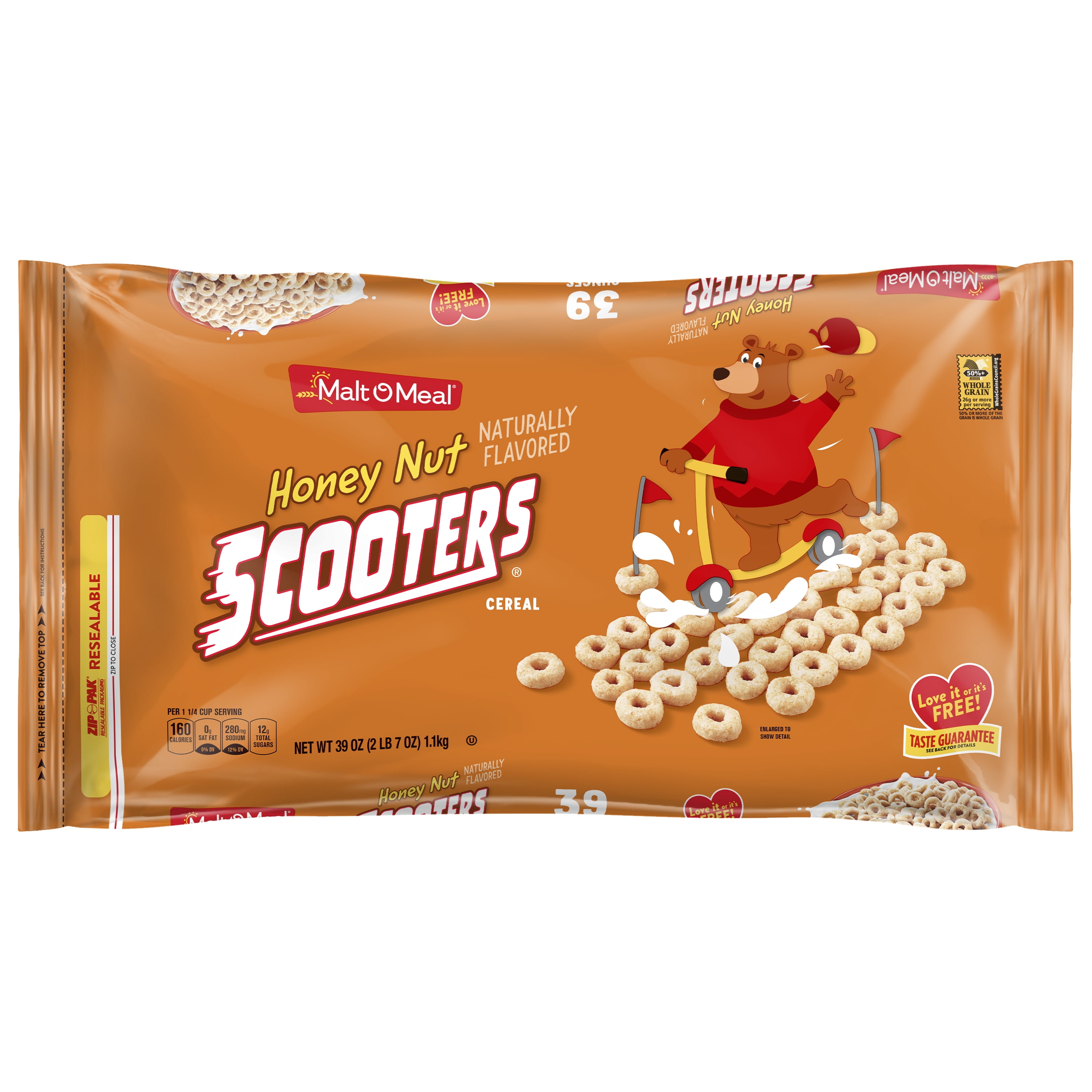 MaltOMeal Honey Nut Scooters Breakfast Cereal, Oat Cereal, 39 OZ bag