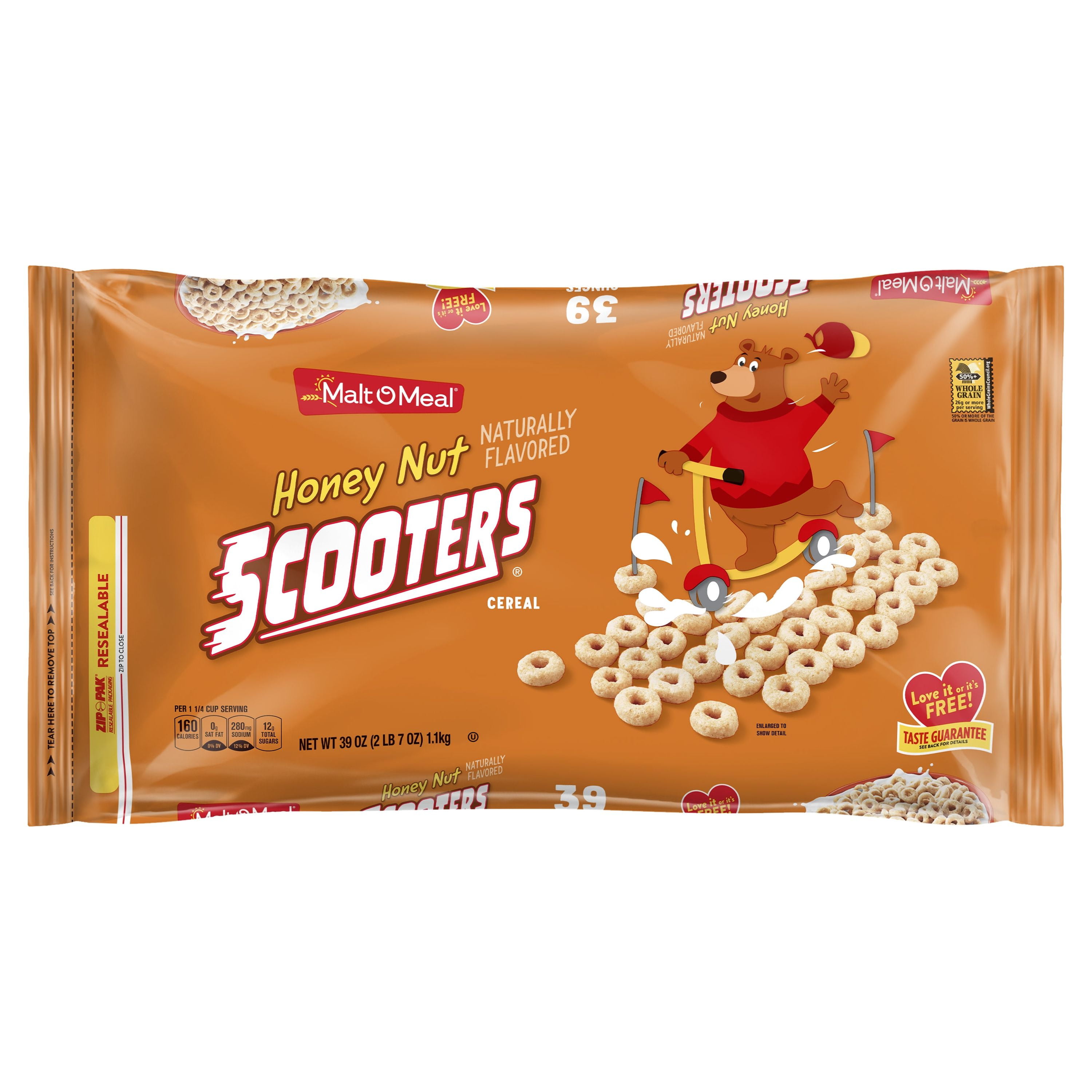 Malt-O-Meal Honey Nut Scooters Breakfast Cereal, Oat Cereal with Honey Flavor, 39 OZ Resealable Cereal Bag