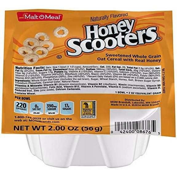 Malt O Meal Honey Nut Scooters Sweetened Whole Grain Oat Cereal, 2 Ounce - 48 per case.