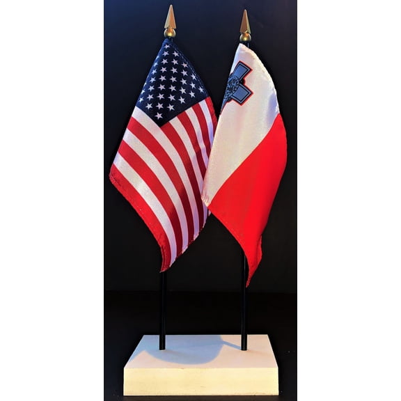 Malta Table Flag Set; One USA and International Rayon 4x6 inch Flag Plus a White Base
