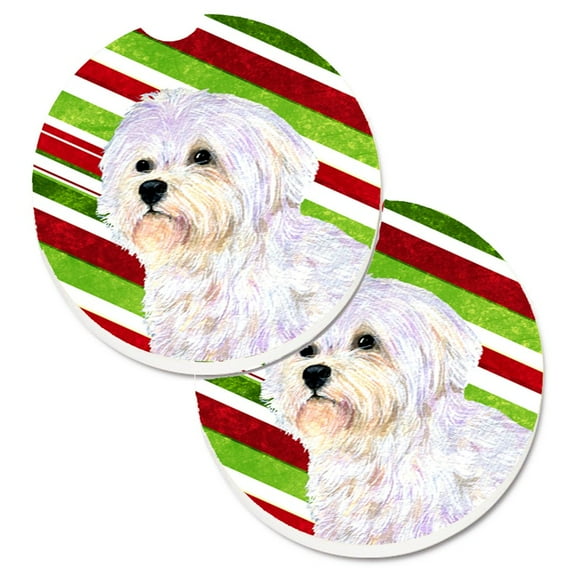 Maltese Candy Cane Holiday Christmas Set of 2 Cup Holder Car Coasters