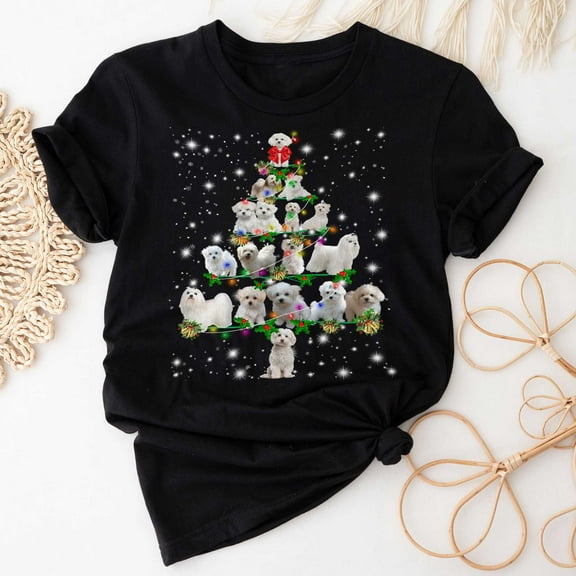 Maltese Christmas Tree T-Shirt, Funny Dog Lover Gift, Maltese Christmas Lights Shirts, Christmas Shirts for Women Men