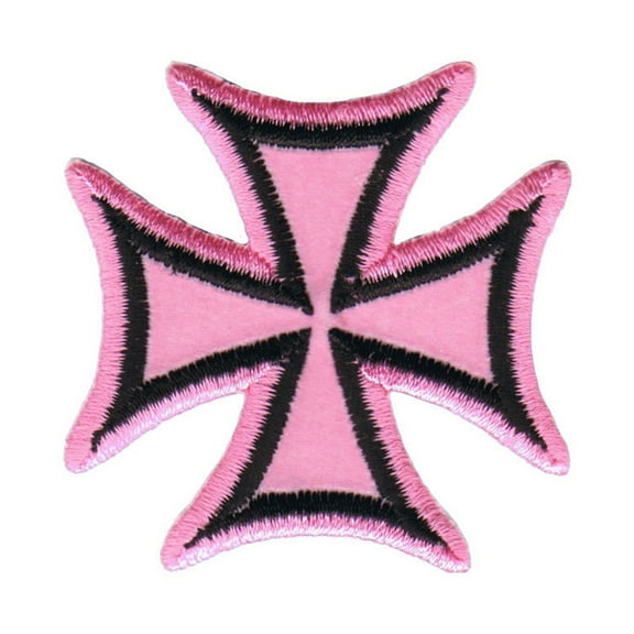 Maltese Cross Biker Patch Black On Pink 2" Symbol Embroidered Iron On Applique