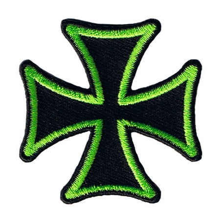 Maltese Cross Biker Patch Green On Black 2" Symbol Embroidered Iron On Applique