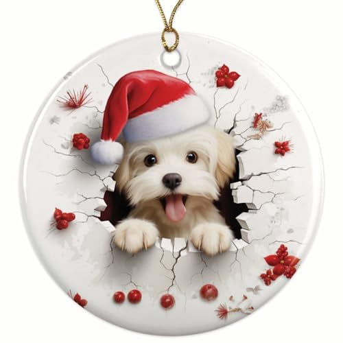 Maltese Dog Breed Ornament - Funny Dog Breakout Effect - for Dog Parent, Mom, Dad - Over 100 Designs to Choose from - 2.8" Round - Gold String Included - UV Printed Design - BMCO0300