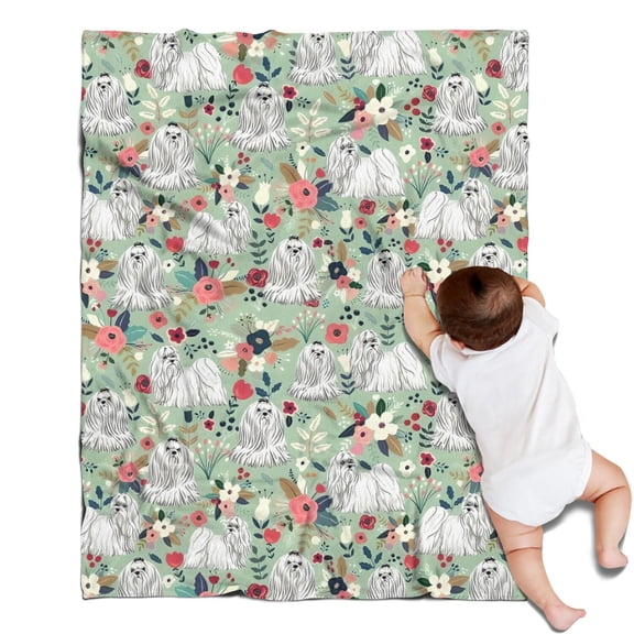 Maltese Dog and Flower Floral Blanket,Comfortable Soft Flannel Throw Blanket,All Season,Warm Lightweight Blankets for Sofa Bed Couch Living Room Chair,30"x40"