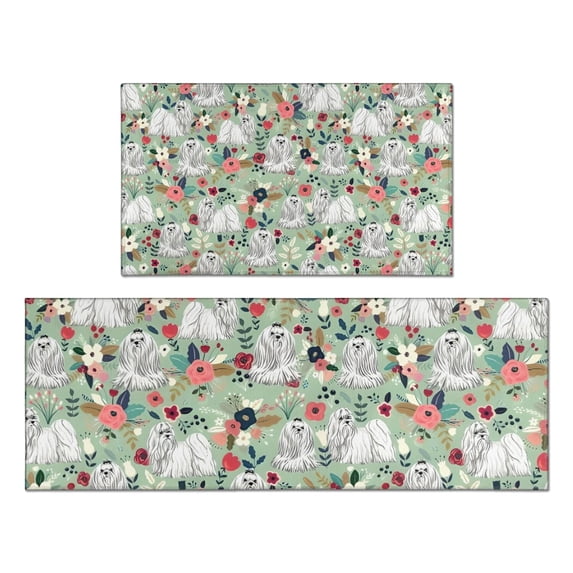 Maltese Dog and Flower Floral Kitchen Rugs Sets Of 2,Anti Fatigue Kitchen Mat Rugs Non Slip Washable,Decorative Kitchen Floor Mats for Kitchen,Sink,Laundry,17"x30"+17"x47"