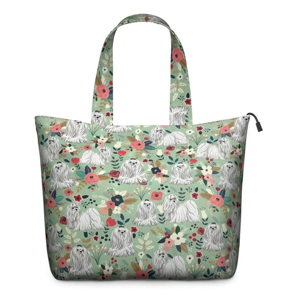 Maltese Dog and Flower Floral Travel Tote Bags for Women Carry On,Large Weekender Bags for Women Travel,Multi Functional Duffle Bag for Work,Shopping,Sports