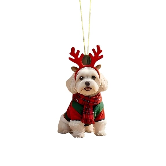 Maltese Dog with Reindeer Antlers Acrylic Christmas Ornament,Cute Puppy Xmas Tree Hanging Pendant for Pet Lovers Home Holiday Party Decor