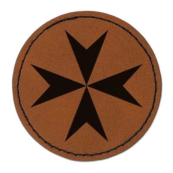 Maltese Eight Pointed Cross 2.5" Faux Leather Round Engraved Iron-On Patch - Brown