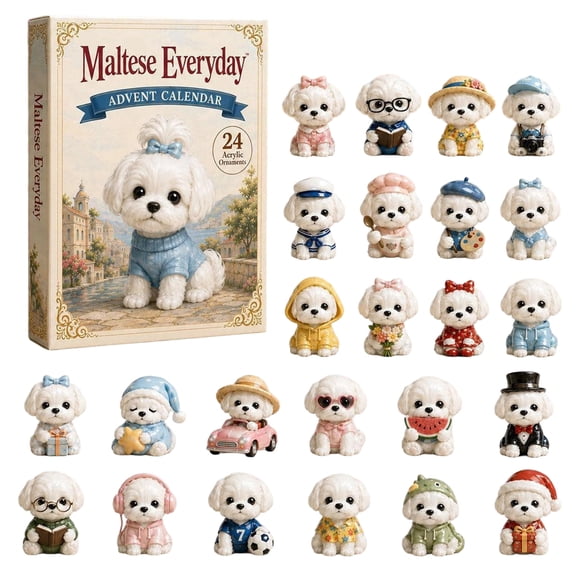 Maltese Everyday Advent Calendar, 24Pcs Acrylic Ornaments Countdown Calendar, Daily Outfit Maltese Puppy Hanging Decorations, Xmas Tree Pendant Gift for Maltese Dog Lovers