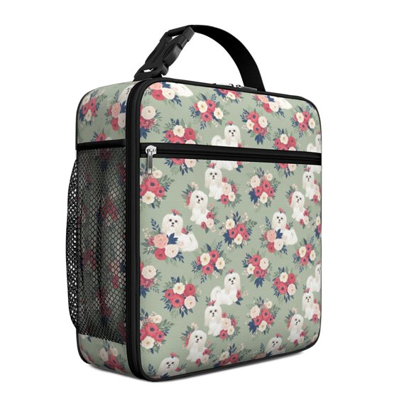 Maltese and Floral Green Pattern Mini Insulated Lunch Bag, Beach Lunch Tote with Side Mesh Pocket & Adjustable Handle, Leakproof Lining Gifts for Work School Outdoor