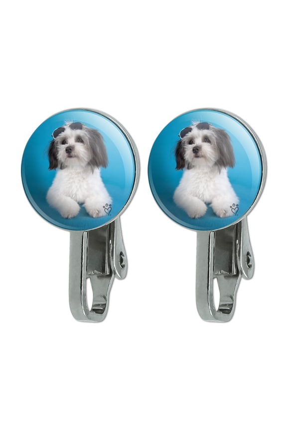 Maltese Papillion Puppy Dog Cool Sunglasses Shades Novelty Clip-On Stud Earrings