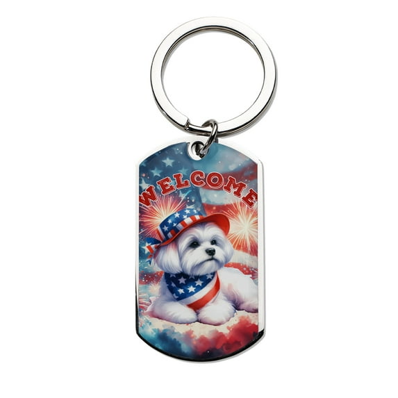 Maltese Patriotic Welcome for 4Th of July Independence Day Stainless Steel Keychain Maltese Dog Lover Gifts Idea Collar Charm Tag Keyring - 00010
