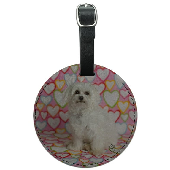 Maltese Puppy Dog Hearts Love Round Leather Luggage Card Suitcase Carry-On ID Tag