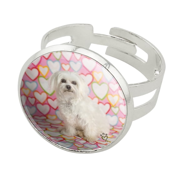 Maltese Puppy Dog Hearts Love Silver Plated Adjustable Novelty Ring