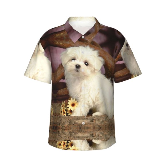 Maltese Puppy Hawaiian Shirts For Men, Summer Short-Sleeve Relaxed-Fit Button-Down Shirts Xx-Large