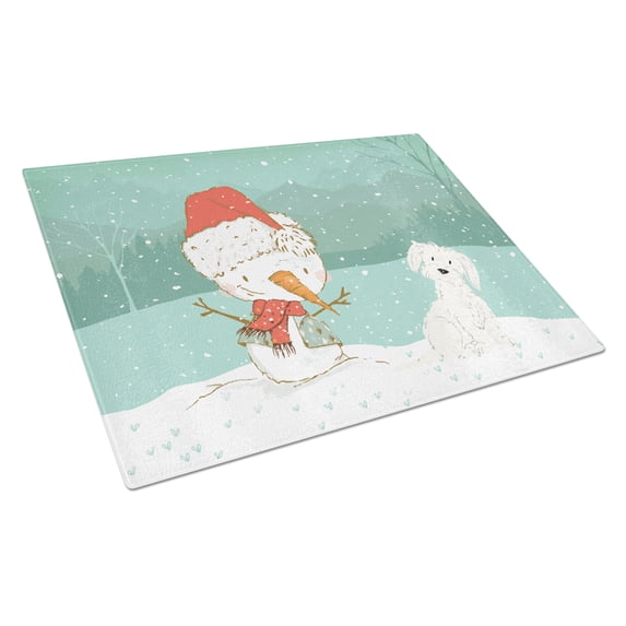 Maltese Snowman Christmas Glass Cutting Board Large