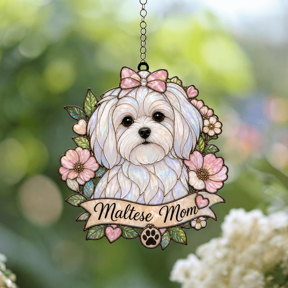 Maltese Suncatcher Acrylic 1 Layer, Floral Dog Lover Window Hanging for Maltese Mom