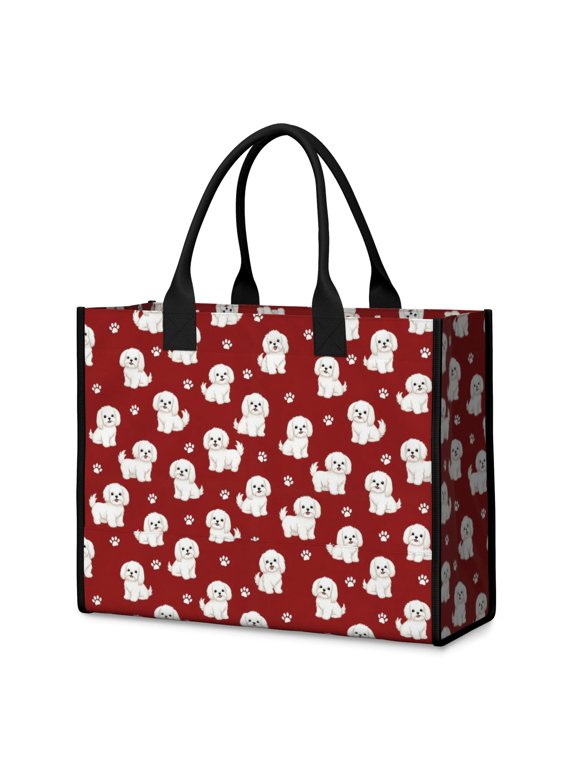 Maltese and Dog Paw Print Red Beach Tote Bag, Gym Weekend Bag with Inner Pocket & Removable Bottom, Waterproof Twill Gifts for Women Men
