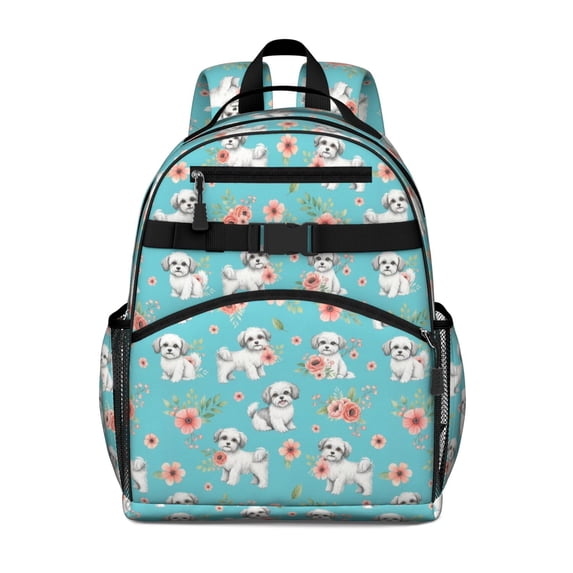 Maltese and Floral Blue Pattern Backpack for School, Cute School Bag with Adjustable Shoulder Straps and Padded Back, 15.25"x11.5"x5.25"
