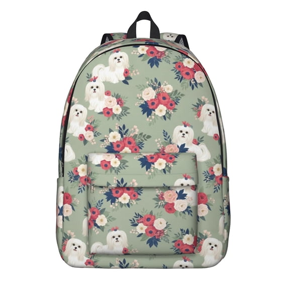 Maltese and Floral Green Pattern Backpack for School, Cute School Bag with Adjustable Shoulder Straps and Padded Back, 15.7"x11.8"x5.5"