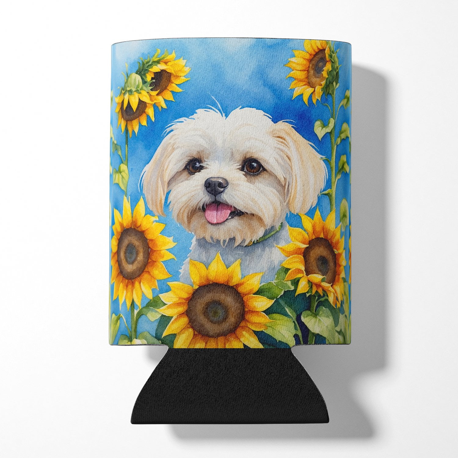 Maltese in Sunflowers Can or Bottle Hugger 3 in x 5 in