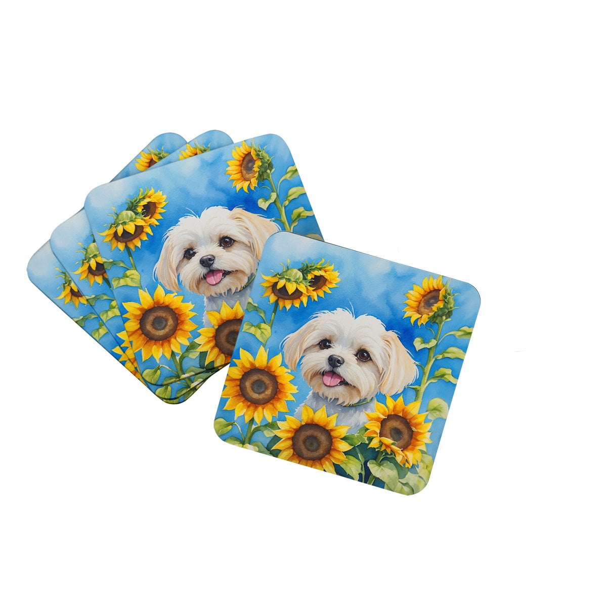 Maltese in Sunflowers Foam Coasters 3.5 in x 3.5 in