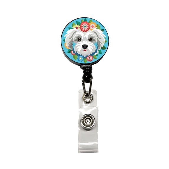 Maltipoo Head Floral Motif Blue Dog Retractable Reel ID Badge Key Card Name Tag Holder with Clip