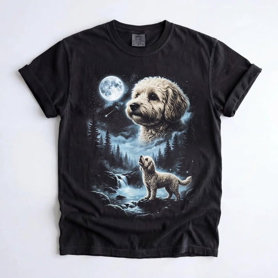 Maltipoo Howling at the Full Moon Graphic T-Shirt, Vintage 90s Retro Doodle Dog Lover Tee