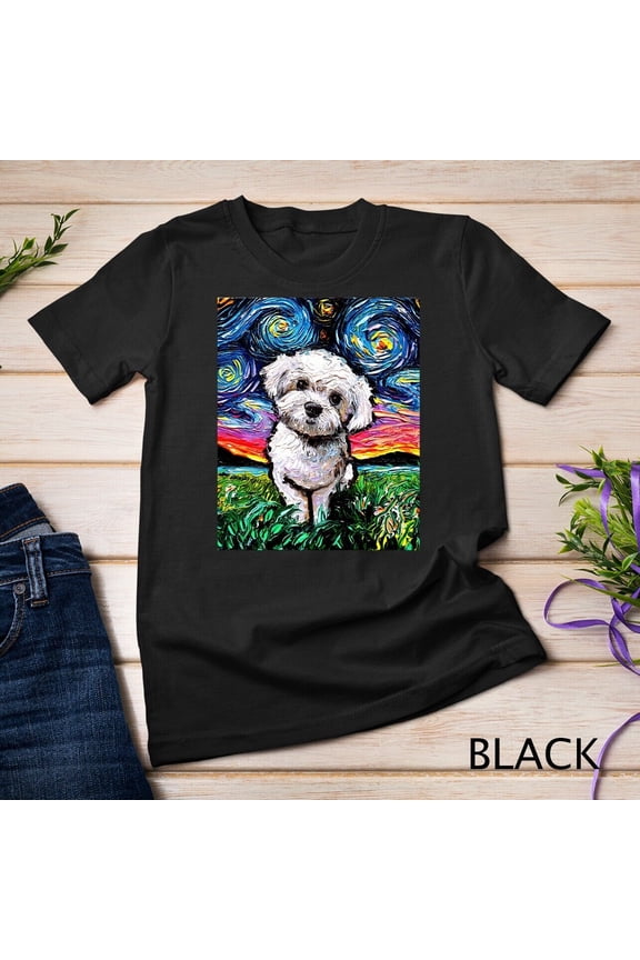Maltipoo Starry Night White Maltese Poodle Dog Art by Aja T-Shirt Unisex T-shirt