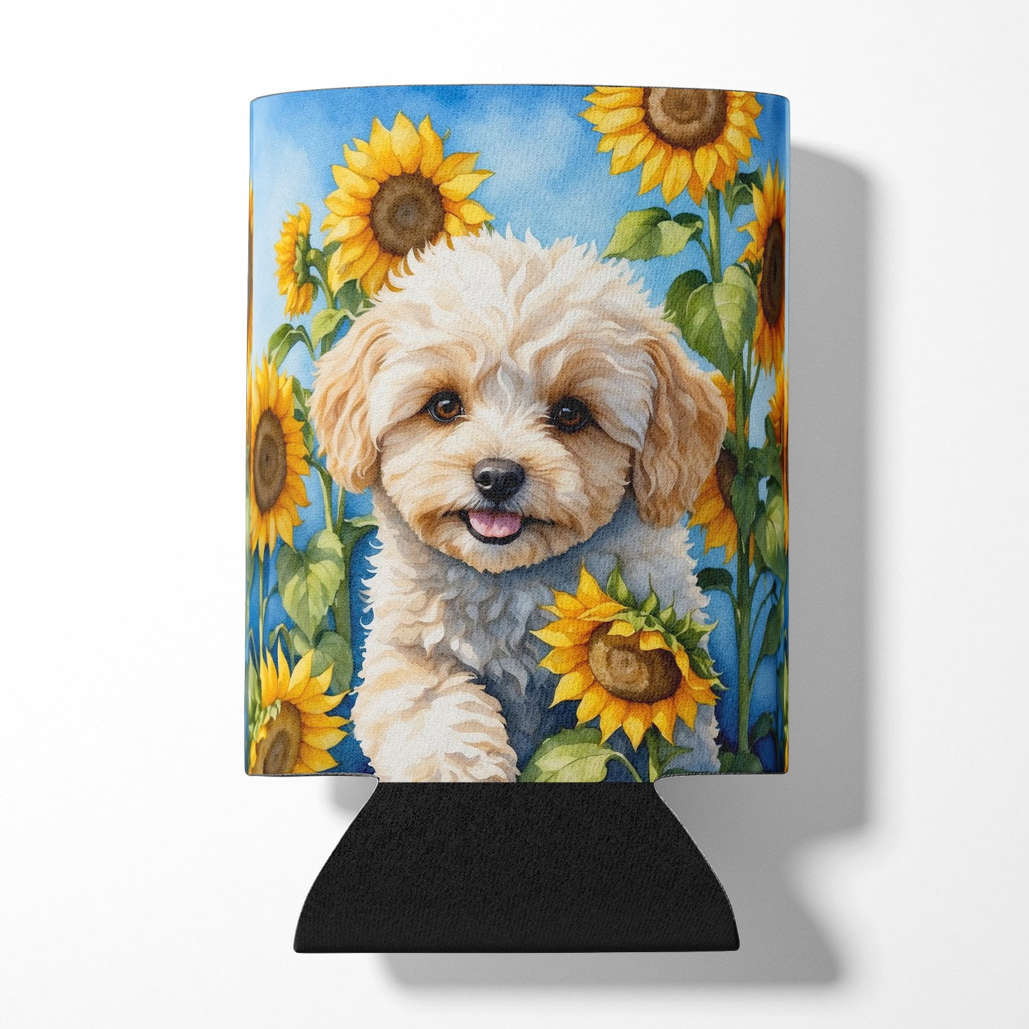 Maltipoo in Sunflowers Can or Bottle Hugger 3 in x 5 in