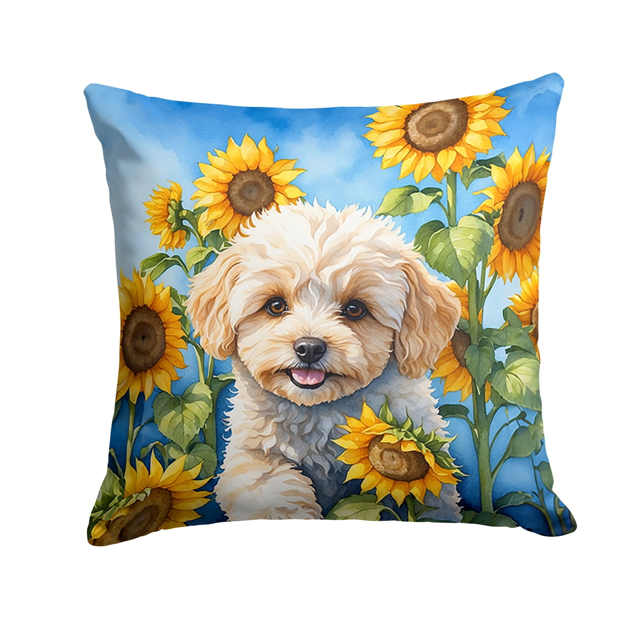 Maltipoo in Sunflowers Throw Pillow 18 in x 18 in