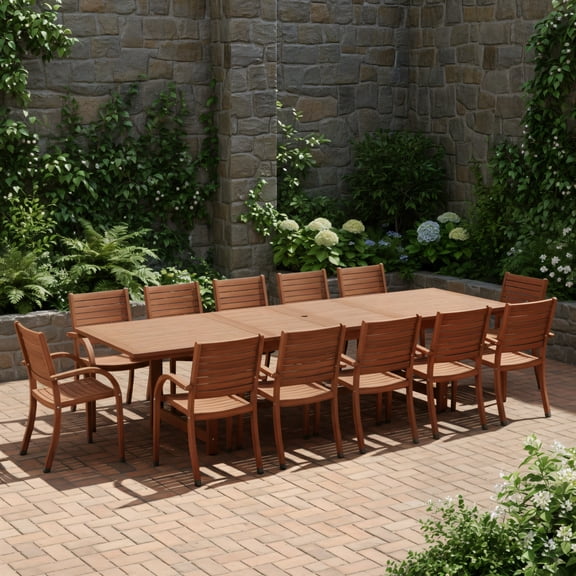 Malu 13-Piece Outdoor Rectangular Extendable Dining Table and Chairs Set | Eucalyptus Wood | Ideal for Patio, Brown
