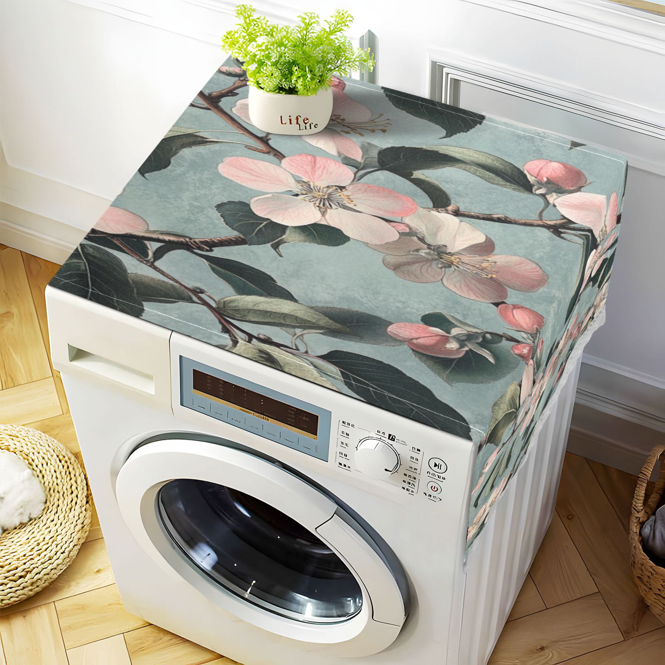 Malus SpectabilisWasher and Dryer Covers Dust-Proof and Oil Resistant Fridge Cover with 4 Storage Pockets Washing Machine Top Cover for Laundry Kitchen Home 51.2 x 22 In
