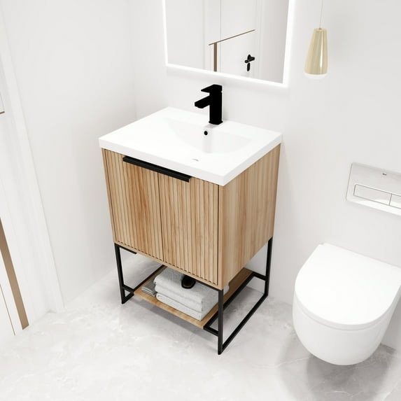 Malwee 24"/30"/48" FreeStanding Bathroom Vanity, Floor Stand Bathroom Vanity with Resin Top,Soft Close Door & Drawer 23.6×18.1×35 - Brown