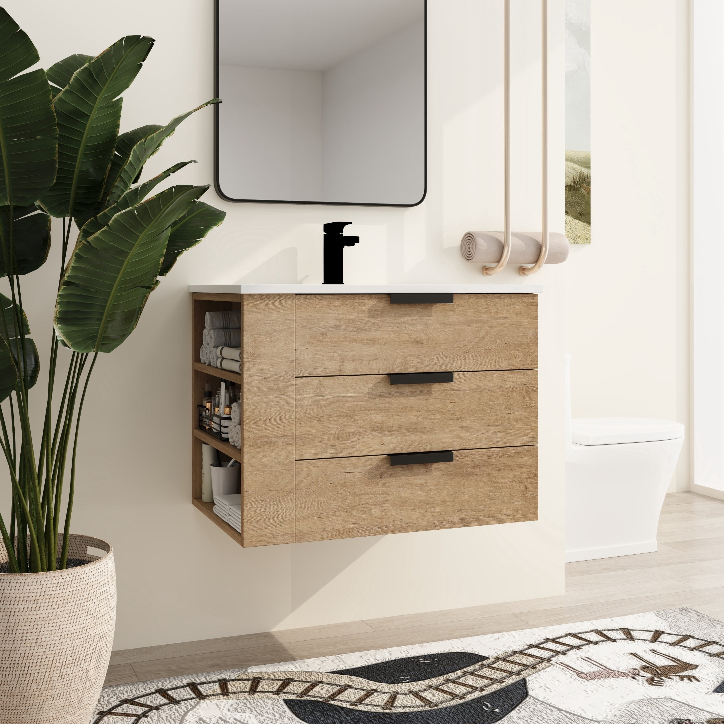 Malwee  30" Floating Bathroom Vanity, Wall Mounted Bathroom Vanity with Resin Sink,Soft Close Drawers and Side Adjustable Shelves Brown - Left Shelf