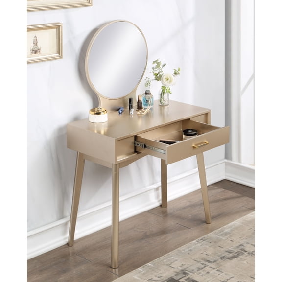 Maly Contemporary Wood Vanity and Stool Set, Gold On-Site