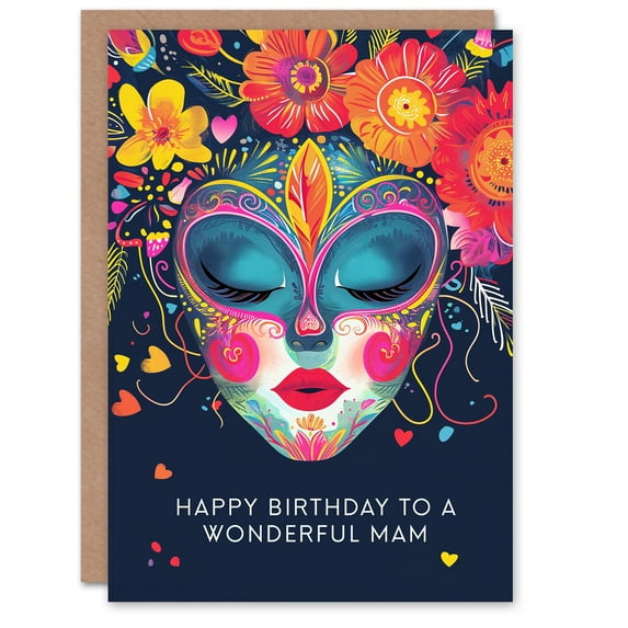 Mam Happy Birthday Card Floral Headdress Love Hearts Flowers Venetian Mask For Her Greeting Card